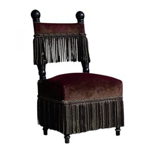 Upholstered Tassel Side Chair in burgundy fabric with dark wood frame. Tassel accents on seat and back.