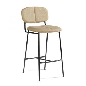 Upholstered Bey barstool with a black metal frame. The seat and back are a light tan color.
