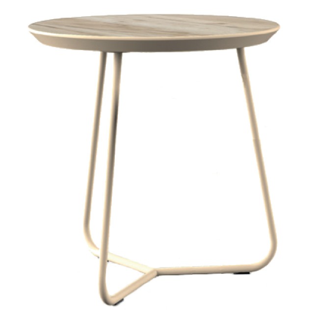 Beige Bristol coffee table with round laminate top and metal base.