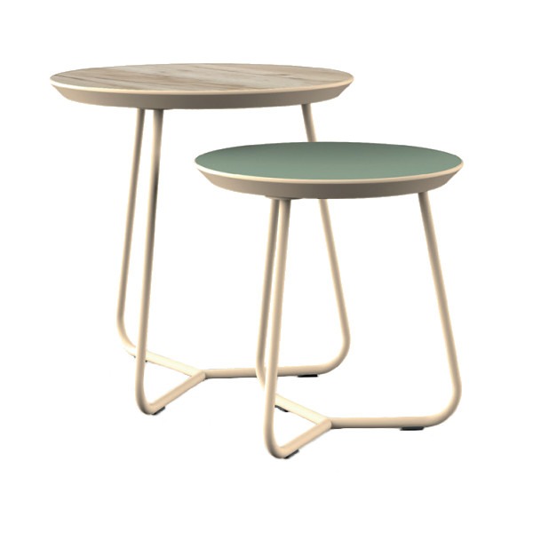 Two Bristol coffee tables. One with a wood-look top and the other with a green top. Both have a metal base.