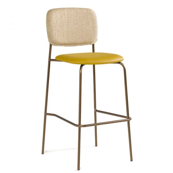 Upholstered Turia barstool with a metal frame, footrest, mustard seat, and beige back.