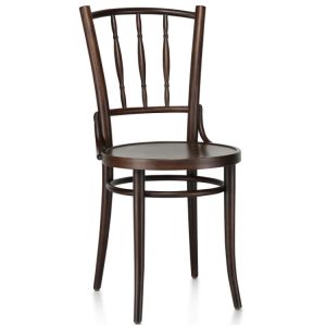 Front view of a dark brown wood Kiwi Side Chair with a rounded seat and back.