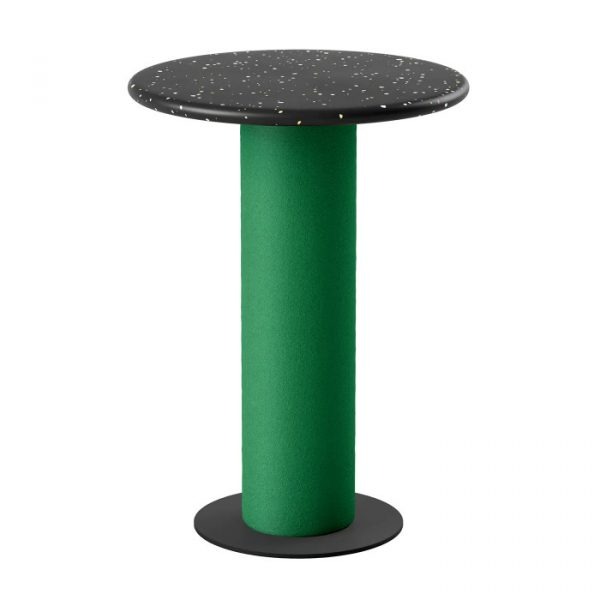 Bailey Upholstered Side Table with black speckled tabletop, green upholstered stem, and black metal base.