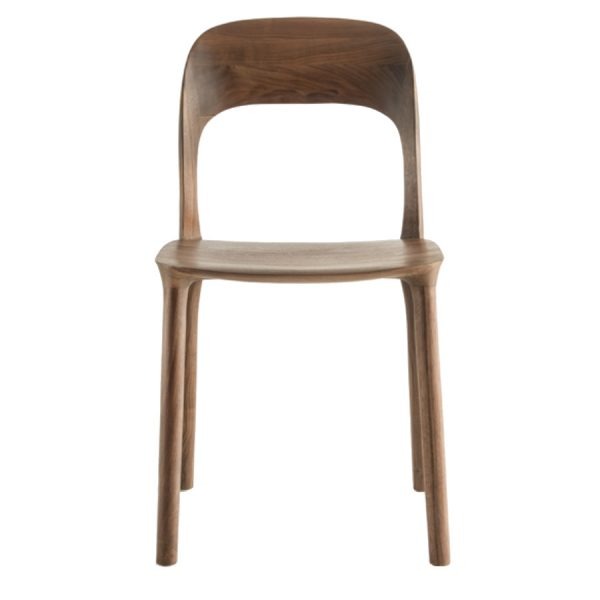 Front view of a brown wood Elle Side Chair with a curved backrest.