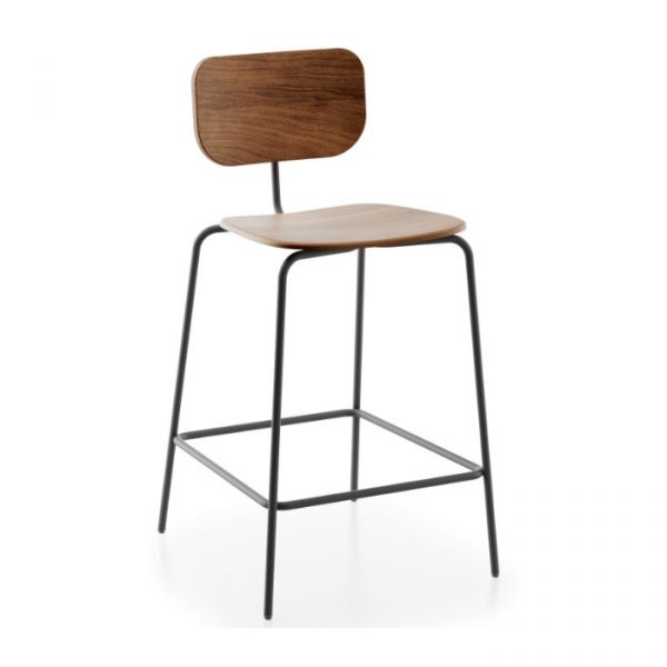 Front view of a Matilda W barstool. It has a black metal frame and a wooden seat and back.