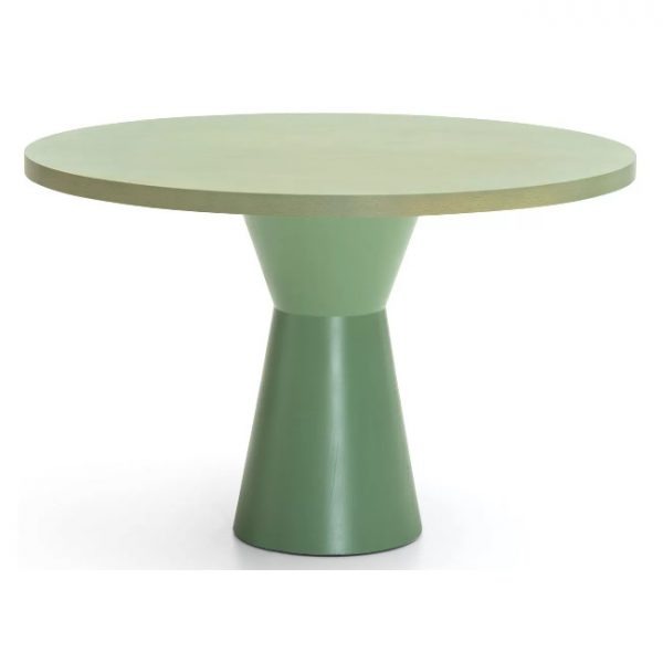 Green Nun dining table with a wood base and round melamine top.