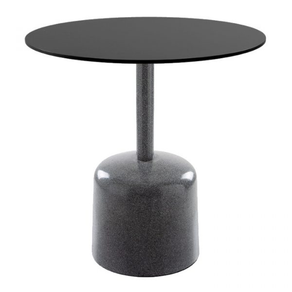 Front view of the Botero concrete dining table. It has a black HPL round top, metal column and concrete base.