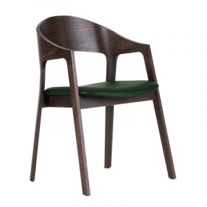 Front view of a Chloe Armchair. It has a dark wood frame and a green upholstered seat.
