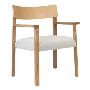 Front view of the Cania armchair. It has a light wood frame and white upholstered seat.