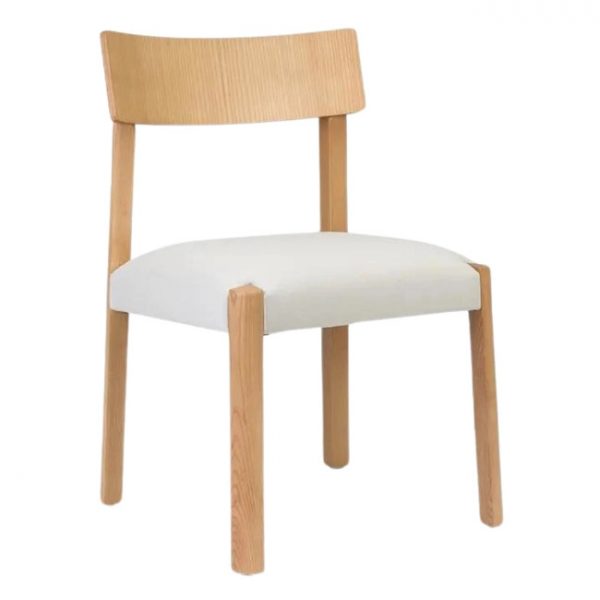 Front view of a Cania side chair with a light wood frame and white upholstered seat.