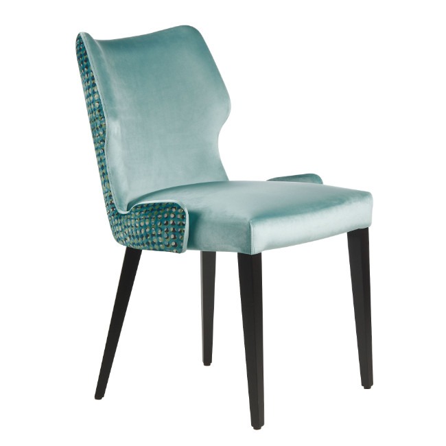 Upholstered Gent Side Chair in teal velvet with patterned fabric on the back and dark wooden legs.