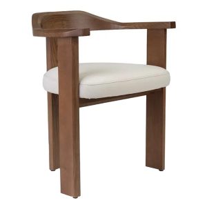 Front view of a Nebula armchair. The chair has a wooden frame and a white upholstered seat.