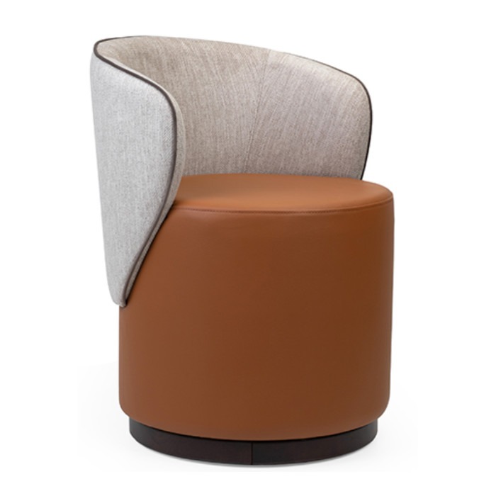 Upholstered Yana pouf with a wooden frame. Features a brown leather seat and a light gray fabric back.