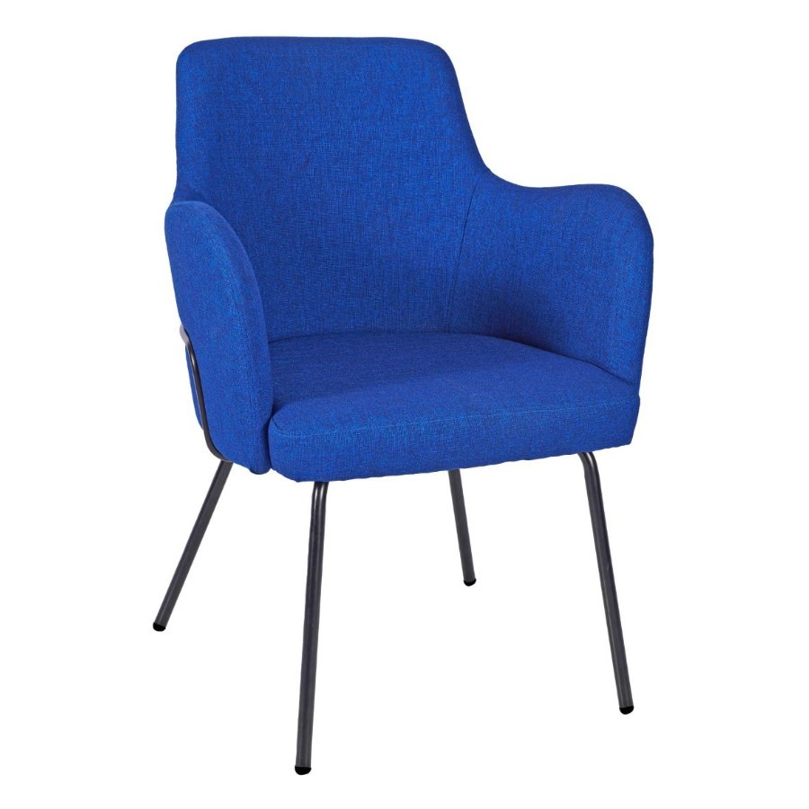 Front view of a blue Camden M armchair with a metal frame and upholstered seat and back.