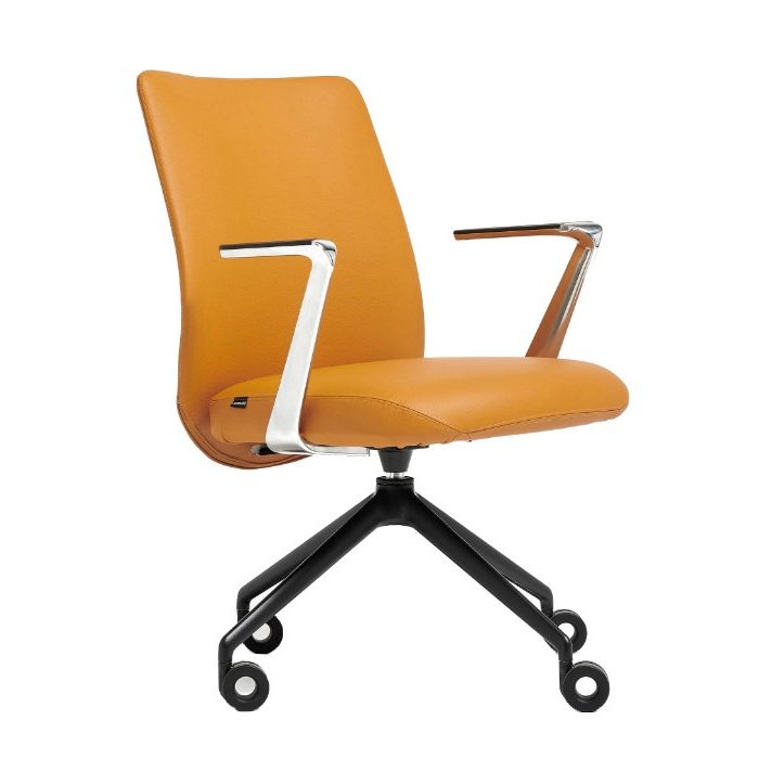 Upholstered Julie desk chair in tan. Metal frame with five-star base on castors.
