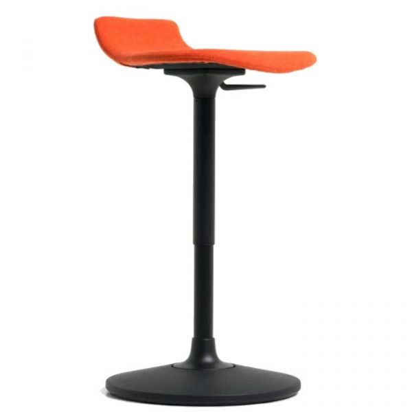 Modern Oblo barstool, front view. Orange upholstered seat, black polypropylene base, and height adjustment lever.