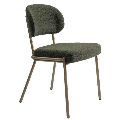 Angled view of a Romeo M side chair. Olive green, upholstered seat and back with a metal frame.