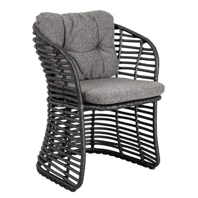 Basket woven armchair with a black metal frame and gray upholstered seat and back cushions.