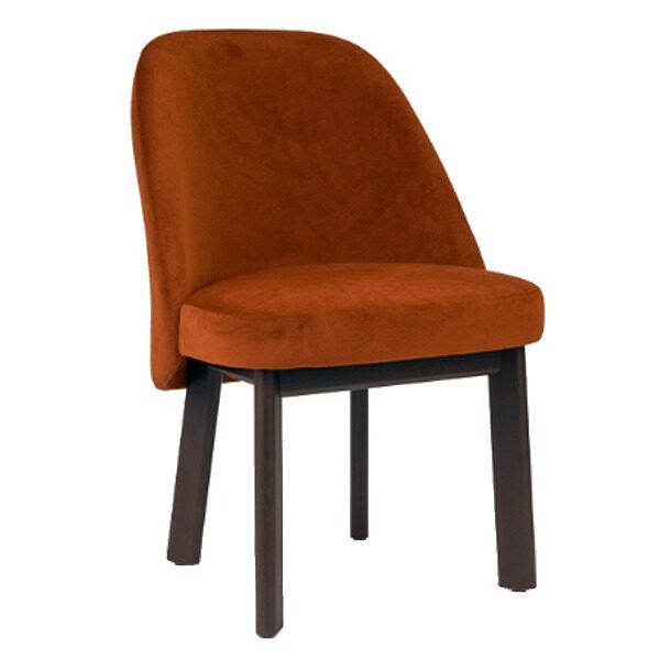 Angled view of the Cintura side chair. Upholstered in rust-colored fabric with a dark wooden frame.