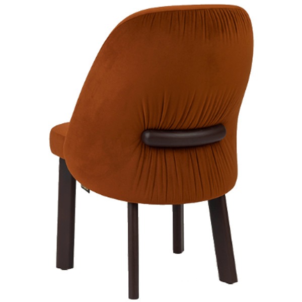 Rear view of the Cintura side chair. Features an orange upholstered seat and back with a dark wood frame.