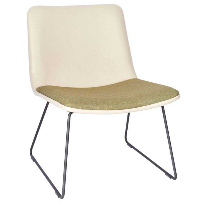 Upholstered Copenhagen M lounge chair with metal frame. The seat is green and the back is cream.