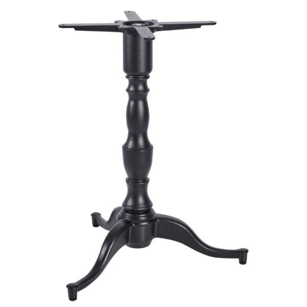 Black metal Queen Anne 3 Dining Table Base with a decorative column and three curved legs.