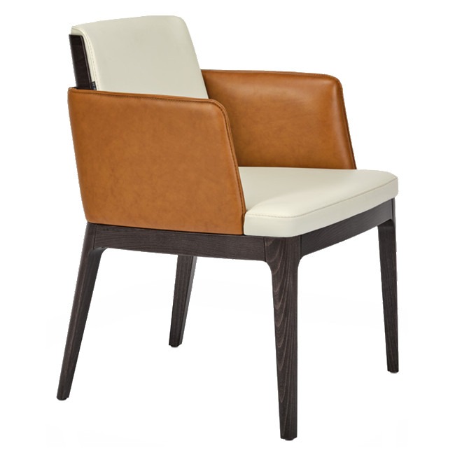 Angled view of the Ayra armchair. It has a dark wood frame, tan armrests, and cream-colored seat and back.