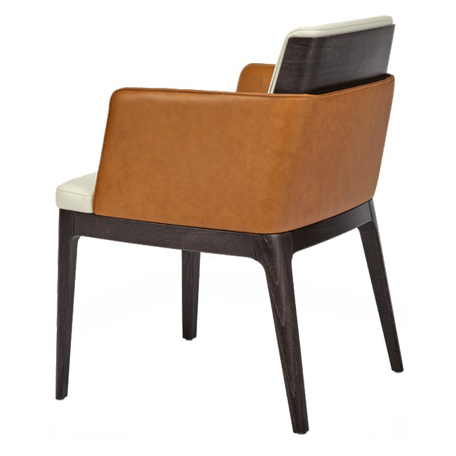 Back view of the Ayra armchair. Features a brown wood frame, tan leather back and armrests, and cream seat back.