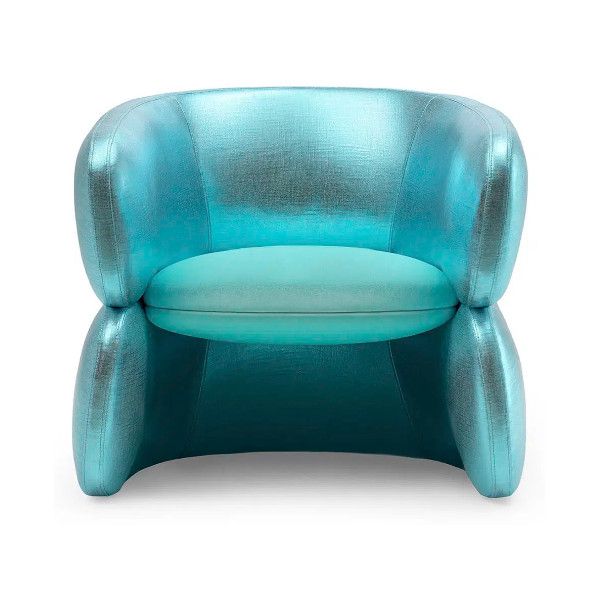 Front view of a turquoise upholstered Conrad lounge chair with a wooden frame and rounded seat.