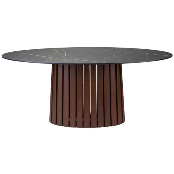 Front view of the Lynn oval dining table. It features a laminate top and a wooden base with vertical slats.