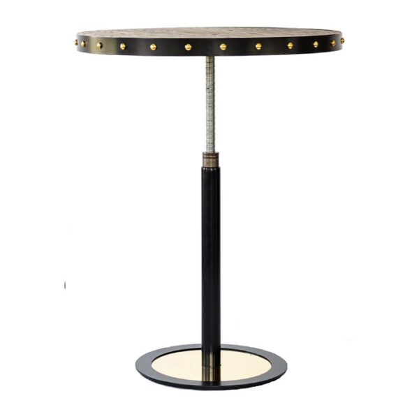 Metal Screw table base with brass details. Adjustable height for dining or poseur tables. Tabletop not included.