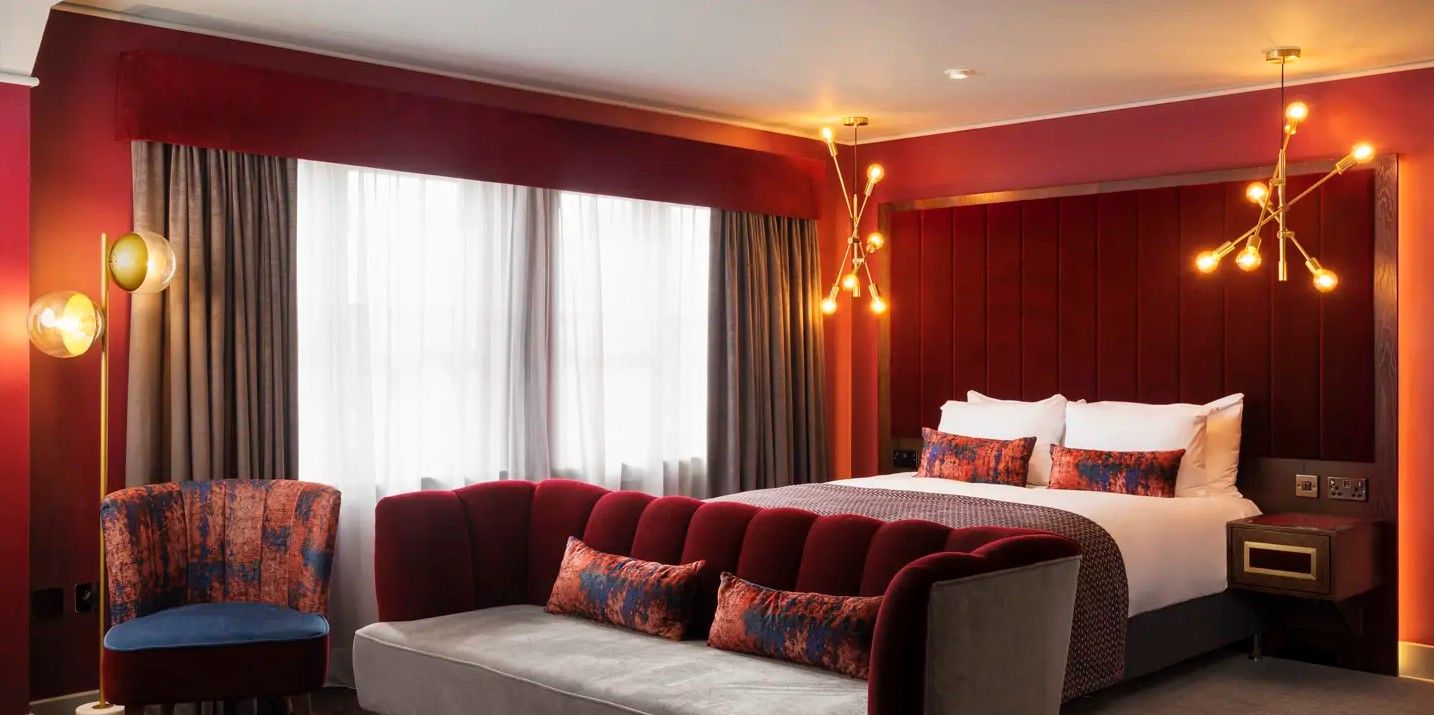 Malmaison Newcastle hotel room featuring a bespoke UK manufactured contract headboard with a luxurious and modern design. luxury boutique hotel headboard made to order