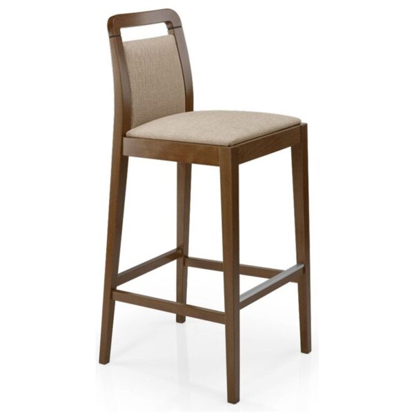 Angled view of the Sonia barstool. Wood frame with upholstered seat and back in beige fabric.