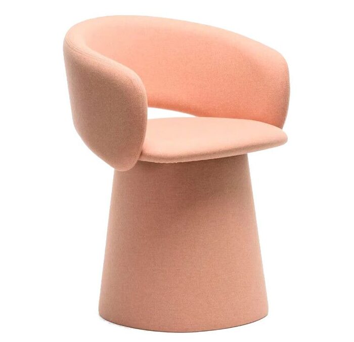 Upholstered Bel Tub chair in peach. Wooden frame with steel metal details. Arm chair, non-stackable.