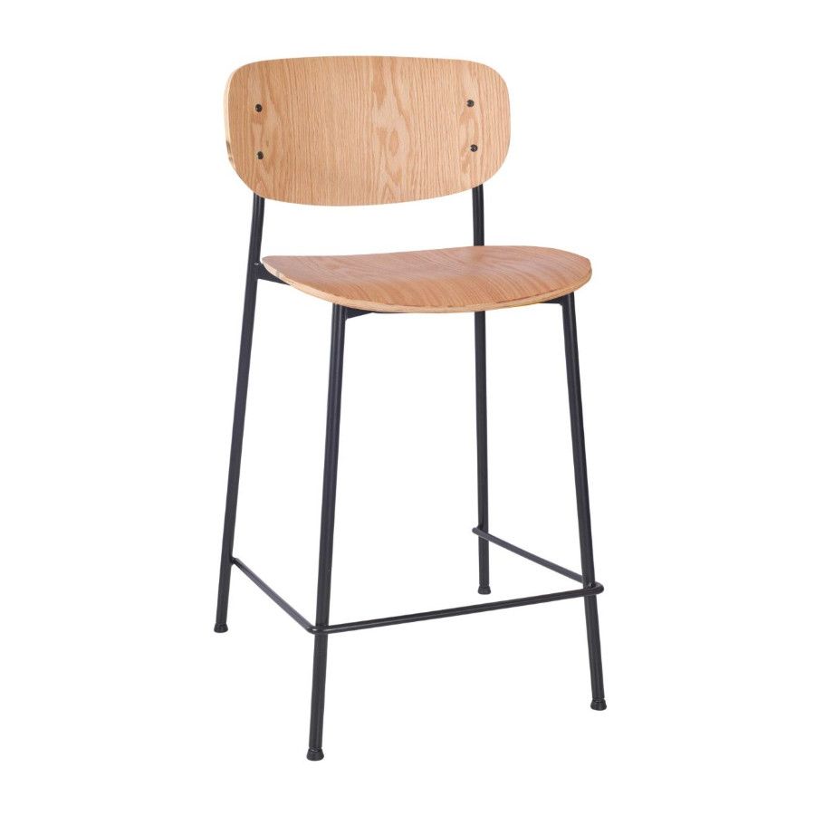Front view of Greenwich W Barstool. Natural wood seat and back with black metal frame. Stackable bar stool.