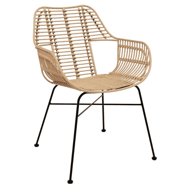 Front view of a natural-colored Palm Armchair. The chair features a woven seat and back with black metal legs. Stackable outdoor chair.