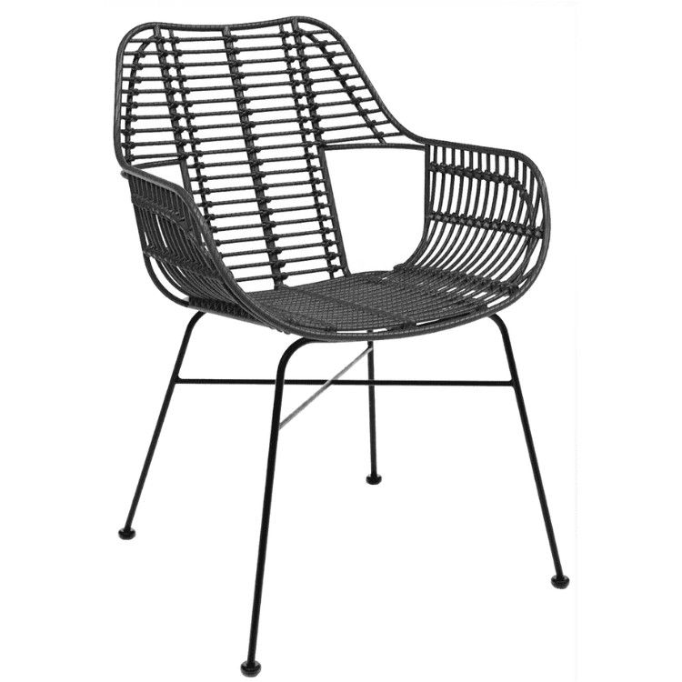 Black Palm armchair. Wicker seat and back with metal frame. Stackable outdoor chair.