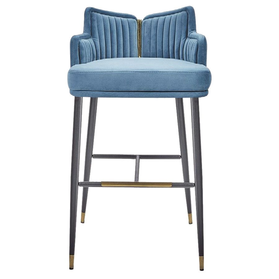 Front view of a blue Franky barstool. It features a metal frame and upholstered seat and back.