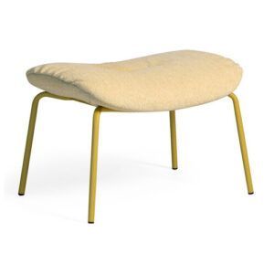 Upholstered Milo Low Stool with yellow metal frame. The seat pad is a light yellow fabric. Modern style stool.