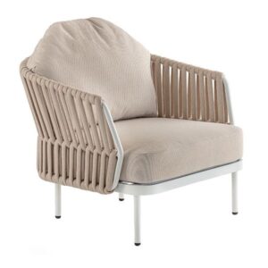 Beige Soho lounge chair. Metal frame, woven acrylic rope back, upholstered seat and back cushions.