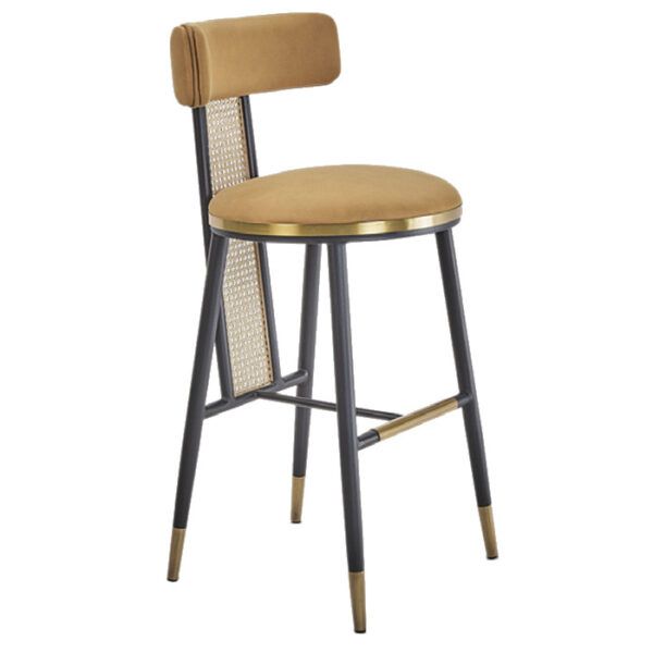 Upholstered Candy barstool with a metal frame. Wicker back, footrest, and leg accents are gold. Seat and back are tan.