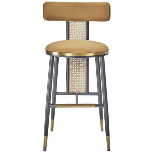 Front view of the Candy barstool with a metal frame, upholstered seat and back, and wicker/woven detail.