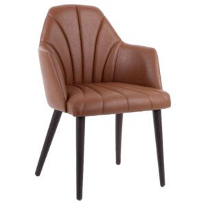 Upholstered Conny armchair in brown, with a wooden frame and armrests.