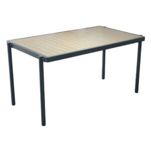 Rectangular Dane table for outdoor use. Features a wooden top and a dark metal frame with straight legs.
