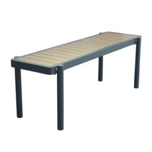 Outdoor Dane bench with a gray metal frame and a light brown wood slat top.