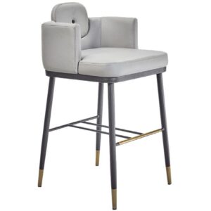 Upholstered grey Jumbo barstool with metal frame, foot rest, and leg accents.
