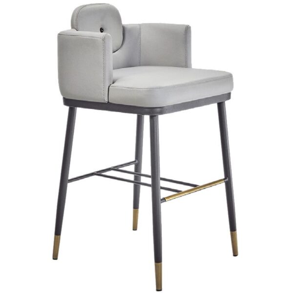 Upholstered grey Jumbo barstool with metal frame, foot rest, and leg accents.