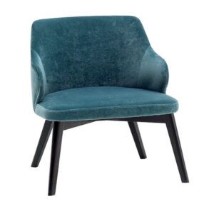 Angled view of a Marie lounge chair. Teal upholstered seat and back with a wooden frame.