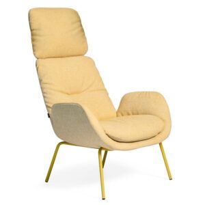Angled view of a yellow upholstered Milo High Back Lounge Chair with a metal frame.