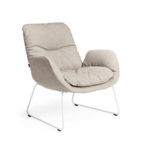 Beige upholstered Milo lounge chair with white metal frame. Modern style lounge furniture.